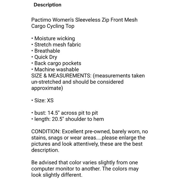 Pactimo Women's Sleeveless Zip Front Mesh Cargo Cycling Top  XS  Sports Graphics - Picture 10 of 10